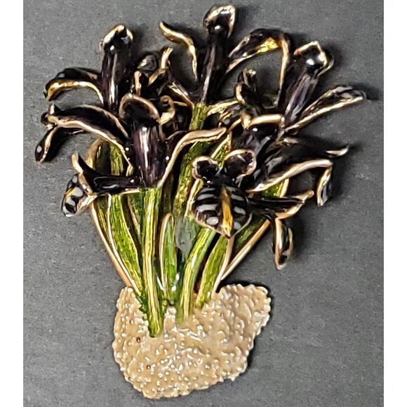 VTG Brooch Enamel Cloisonne Iris Flower Sign World Wide Imports MCM Blk/Grn Pin - Picture 3 of 14